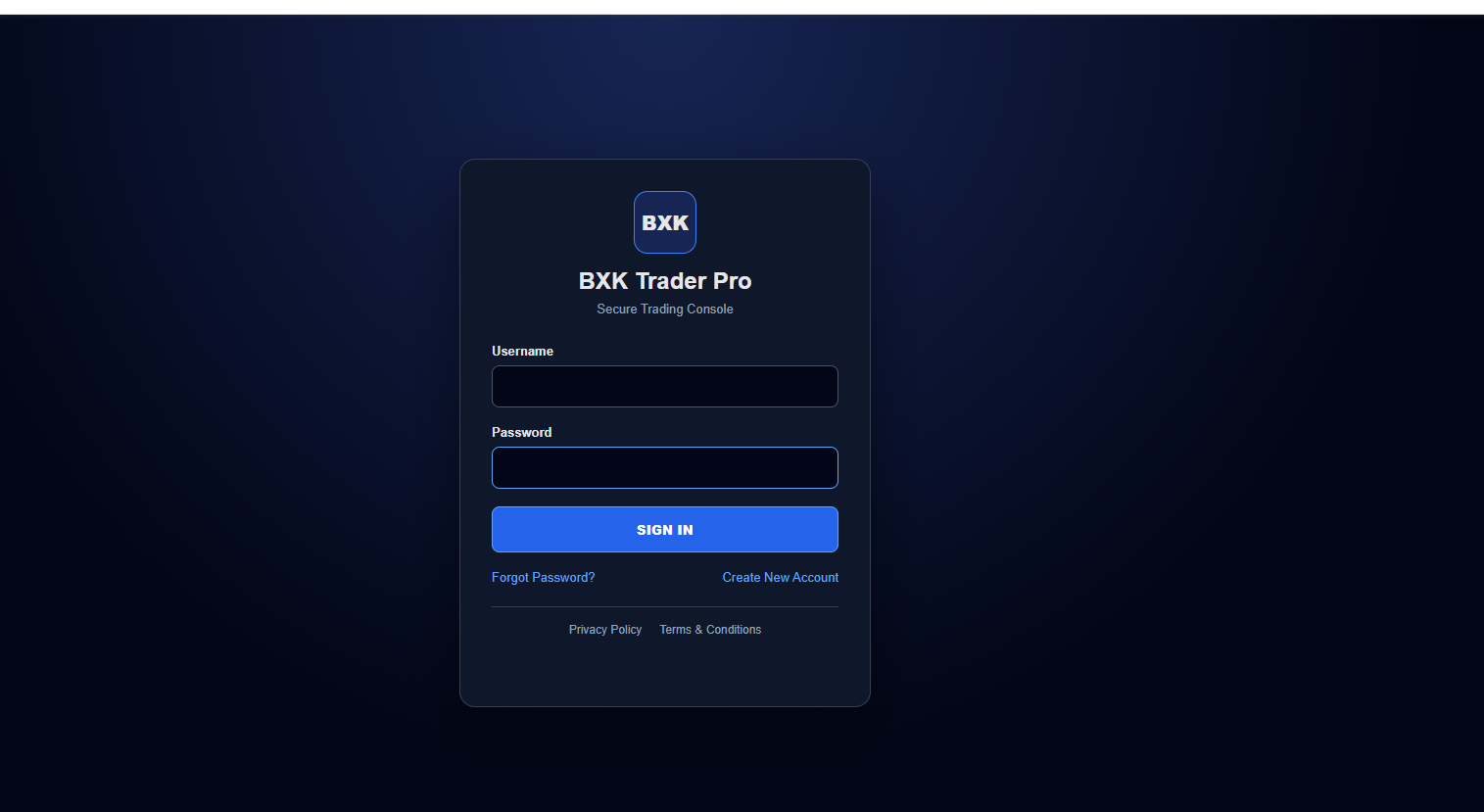 BXK Trader Pro secure sign-in screen
