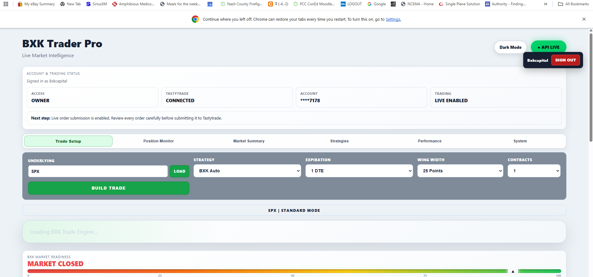BXK Trader Pro main dashboard and Trade Setup workspace
