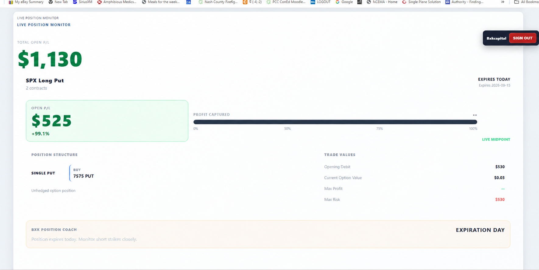 BXK Trader Pro Position Monitor showing a profitable open position