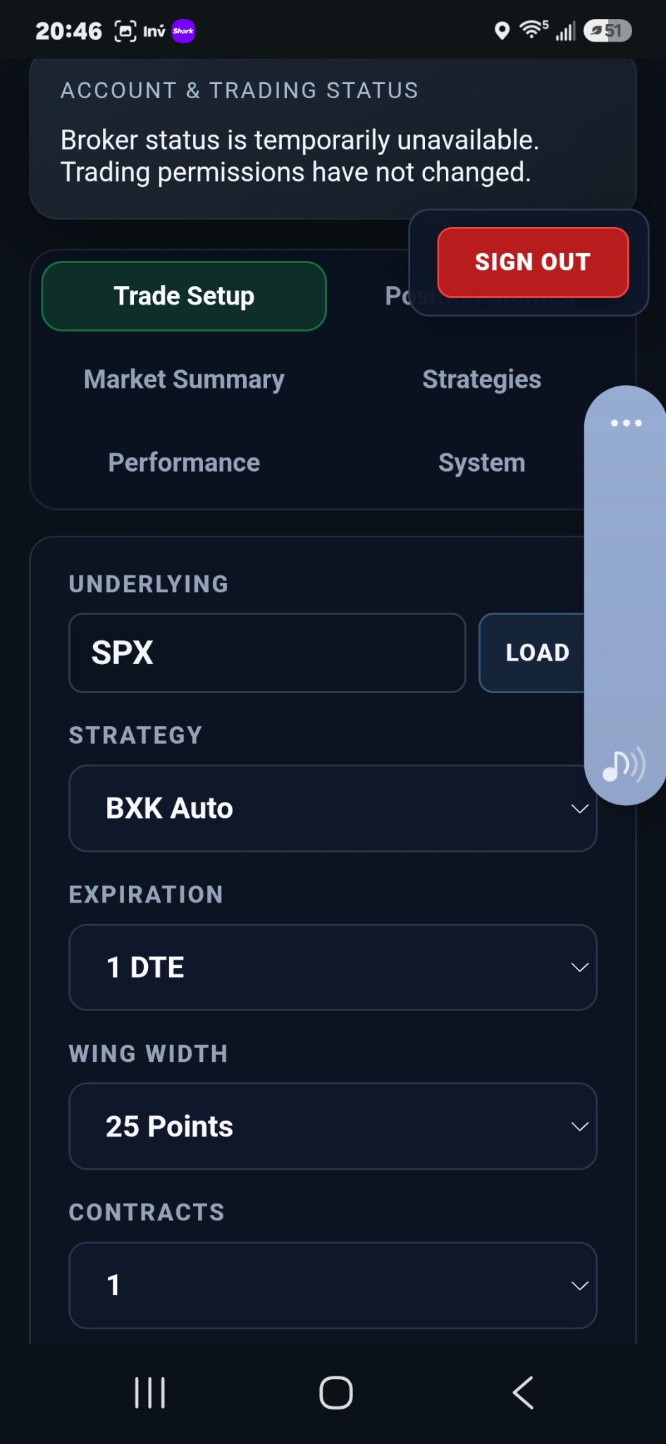 BXK Trader Pro mobile Trade Setup interface